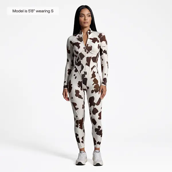 BetterMe Women's Mocha Cow Print Closed-Back Catsuit – Contoured Second-Skin Polyester Spandex Sculpting Jumpsuit & Overalls | Basic Fit for Gym & Everyday Womenswear
