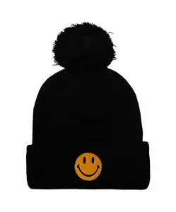 SMILEY POM POM RIB BEANIE