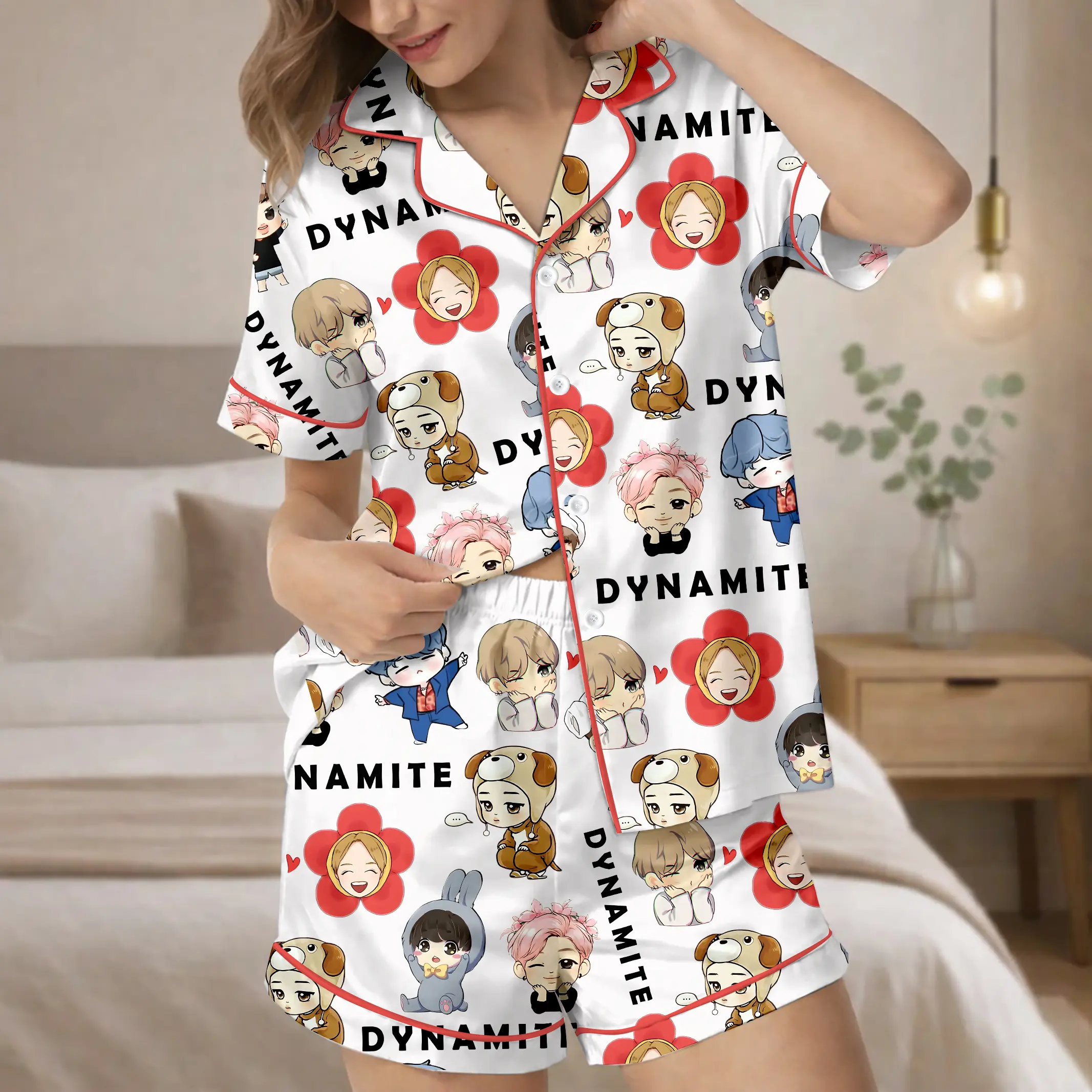 Bt-21 Cartoon Pajama Set, Satin Sleepwear, Gift for Fans, Pajama Set for Kpop Fans, Kpop Pajama Set