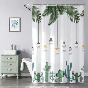 Tropical Green Plant Shower Curtain, Leaf Light with Cactus Pattern, Waterproof Bathtub Curtain 72 x 72 inches with Hooks