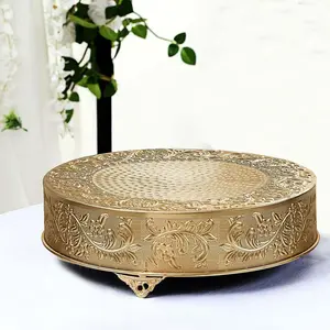 Metal Round Cake Pedestal Stand 18" Gold with Embossed Design - Decorative Matte Cupcake Display Riser Centerpiece Dessert Tray for Luxurious Event Styling