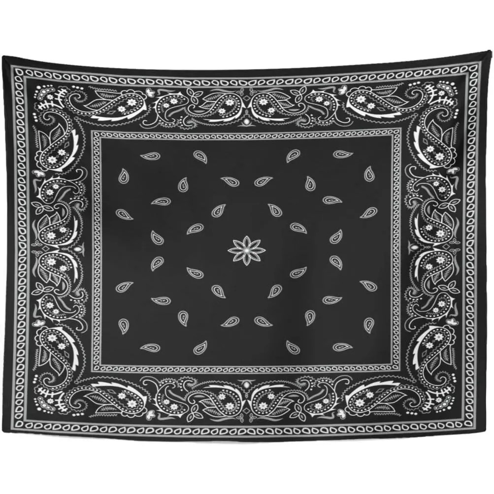 Durable Decorative Tapestry - Emvency Polyester Wall Hanging with Colorful Paisley Black Pattern, Bandanna Border, White Design, Peach & Animal Accents - Home Decoration for Living Room, Bedroom (40X30in (102X76cm))