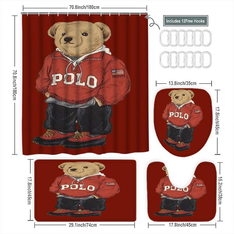Vintage Bear Polo Shower Curtain Set, Home Bathroom Gift, Includes 12 Hooks, Non-Slip Bath Mat, U-Shaped Toilet Lid Pad