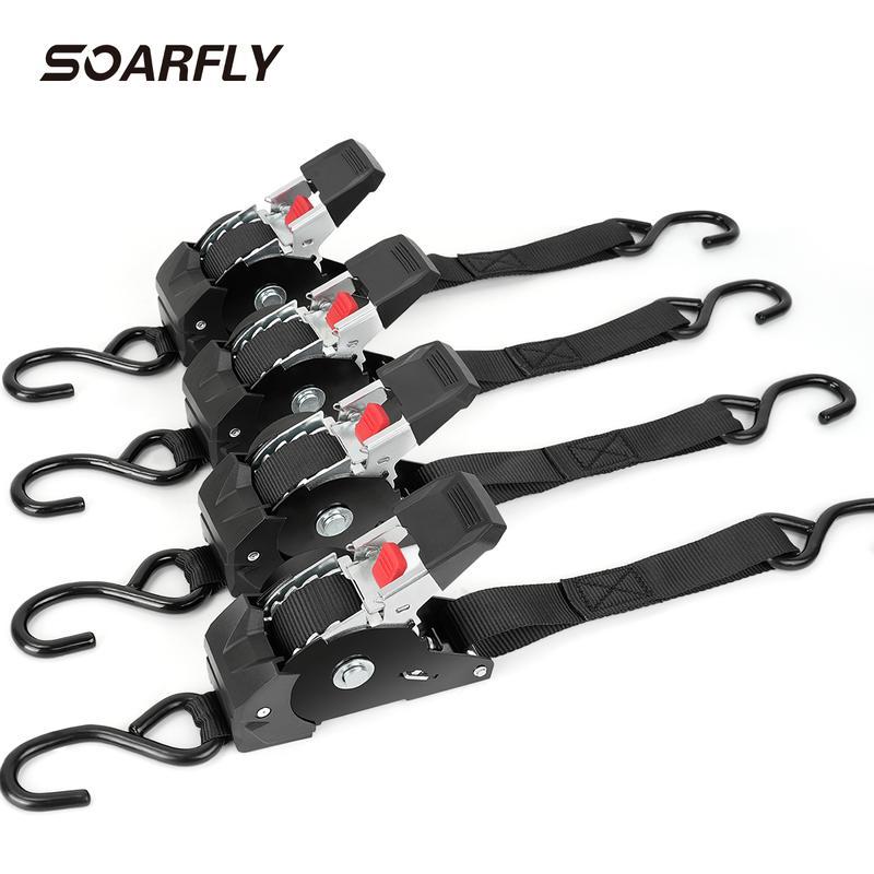 SOARFLY 1" x 130" Retractable Ratchet Straps (Select 2 Pack or 4 Pack) – Heavy Duty Self-Retracting Tie Down Straps for Truck, ATV, Trailer & More