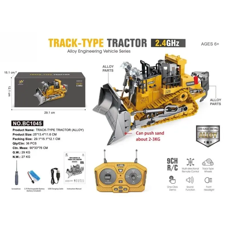Remote Control Alloy Engineering Car Toy, 1:24 RC Bulldozer, Electric Dump Truck with Lights, Ideal Gift, 9 Channels, 2.4GHz, RC Controlled