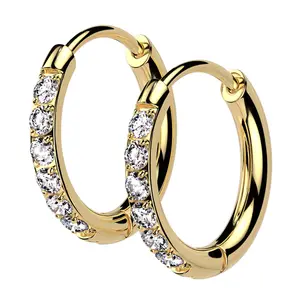 Gold PVD Clear CZ Hoop Stainless Steel Hinged Earrings