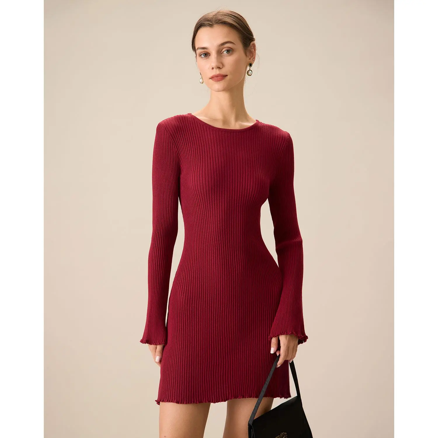 Rihoas Women's Red Round Neck Bell Sleeve Bodycon Sweater Dress Stretchy Viscose Nylon Breathable Fabric, Body Fit Tight Fitting Comfortable Effortless Long Sleeve Casual Dresses, Body Fit Casual Dresses
