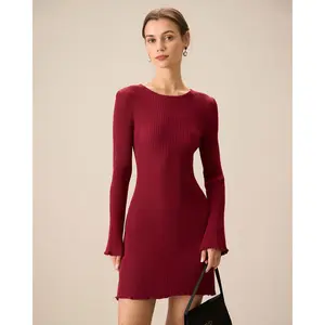 Rihoas Women's Red Round Neck Bell-Sleeve Bodycon Sweater Dress - Stretchy Viscose Nylon Breathable Fabric, Body-Fit Tight-Fitting Comfortable Effortless Long-Sleeve Casual Dresses, Body-Fit Casual Dresses