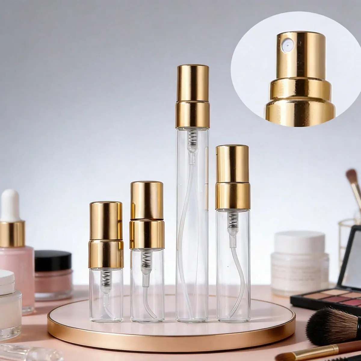 10pcs 2ML 3ML 5ML 10ML Clear Glass Perfume Spray Bottles, Golden Color Aluminum Atomizer, Refillable Empty Containers, Makeup Container, Makeup Accessories, Cosmetic Makeup Tool, Ideal for Travel, Cosmetic Tools