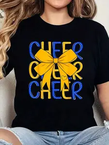 Women'S Cheer Mom Shirt - Soft Breathable 100% Cheerleader Graphic Tee with Bold "CHEER" Text - Black, Blue & Yellow Football Mom Top for Game Day, Cheerleading, Casual Outfits - Everyday & Special Event Apparel
