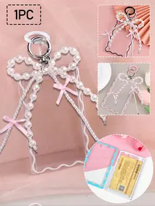 1 card holder and 1 keychain, transparent creative acrylic card holder, student campus card and meal card protector, with pearl bow keychain, school supplies, household items, card holder wallet, business card holder, card holder for women, ID Card Holder