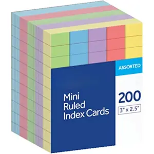 Mini Ruled Index Cards, Ruled, 3". x 2.5" , Assorted Colors, 200 ea