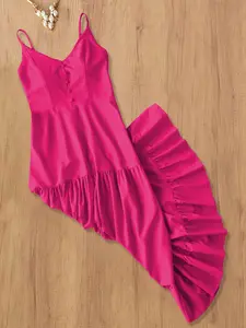 Women's Fuchsia Sleeveless Midi Dress with V Neck and Pleated Details, Fit, Perfect Vacation and Casual Wear, Summer Dress for Relaxation, Womenswear