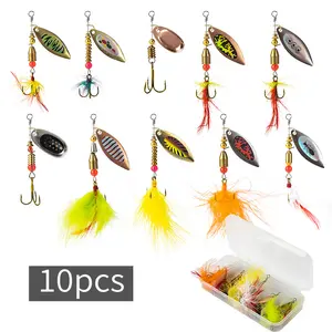 10Pcs Metal Spinner Fishing Lures Set,Rotating Spinnerbait with Treble Hooks & Feather,Artificial Bait for Bass Trout,Freshwater Saltwater Fishing Tackle