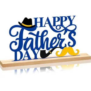 Gift for Dad, Metal Happy Father's Day Table Sign Fathers Day Tabletop Decoration Party Centerpiece Tiered Tray Decor with Wooden Base for Home Office Desk Shelf Mantel Fireplace Indoor Dad Gift