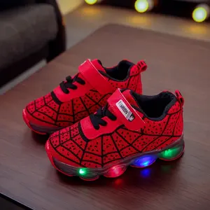 Fashion Cool Spider Web Low-Top Sneakers with LED Lights for Boys, Children, and Teenagers, Breathable Lightweight Non-Slip Sneakers with Hook and Loop Fasteners for Outdoor Walking and Running, Spring and Autumn Sports Casual Shoes