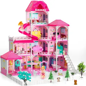 Dollhouses, Housetoys Furniture Pink  Toys, 4 Stories 10 Rooms Dreamhome with 2 Princesses Slide Accessories,  Playhouse  Toys