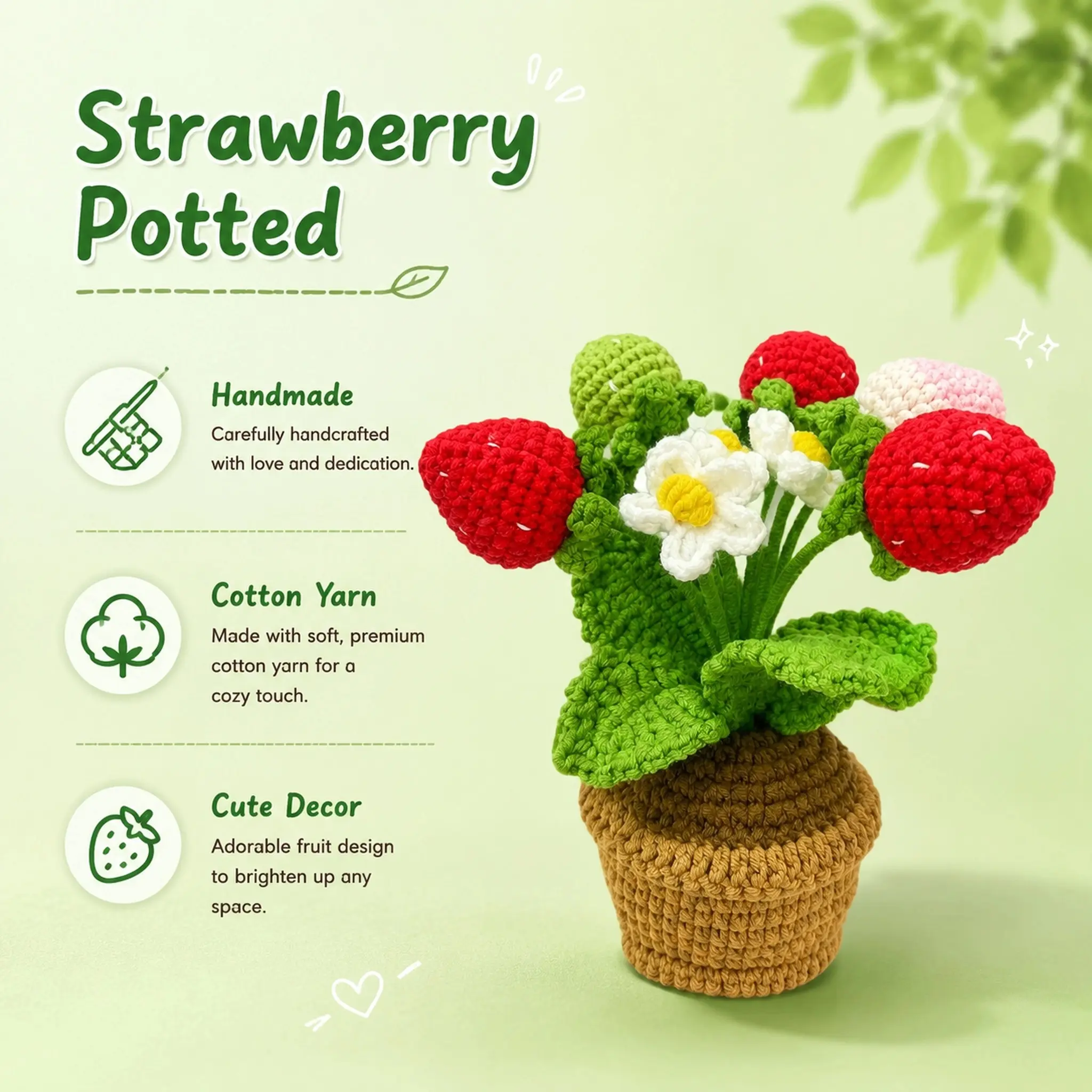 100% Hand Woven Strawberry Potted Plant Premium Cotton Yarn Crochet Fruit Flower Pot Creative Tabletop Decoration Non-fading Artificial Plant for Office Desk Car Dashboard Bedroom Shelf Cute Home Decor Gift for Strawberry Lovers