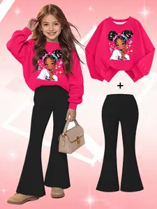 2PCS Girls Sweatshirt Pants Set Cartoon Girl With Flowers And Stars Print Girls' Clothes Long-Sleeved Round Neck Sweatshirt + Bell Bottom Pants Set