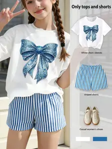Girls' Casual 2-Piece Set, Butterfly Knot Print T-Shirt and Shorts, Comfortable Daily Wear, School Style, Spring Summer Fall