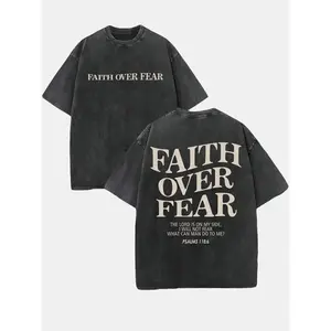 Retro Washed T-Shirt Double Sided Printed 230 Pure Cotton 'FAITH OVER FEAR' Letter Print Mens Casual Comfortable Fashionable Street Style Cotton Menswear Top Short Sleeve Crewneck Festive Tropical
