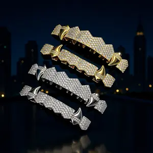 Hiphop Vampire Fang Teeth Set, Exaggerated Gothic Design, Full Diamond Copper Zircon, Unisex Accessory for Party