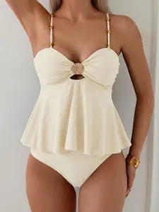 Women's Elegant Shell Metal Beaded Tankini Swimwear Set - Chic Beach Outfit for Vacations
