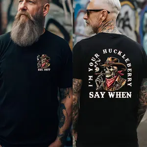 Unisex Knitted Ribbed Short-Sleeve Elastic Generation X Custom T-Shirt, Personalized 1965-1980 "I'm Your Huckleberry" Western Cowboy Vintage Tee, Full Size, Full Color For Men