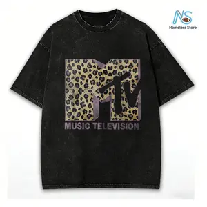 Washed T-shirt Womens MTV Classic Leopard Print Bold Logo Shirt, Music Television MTV Logo Tee, Retro 80s 90s Style MTV Tee, Disneyland Family Matching Tee