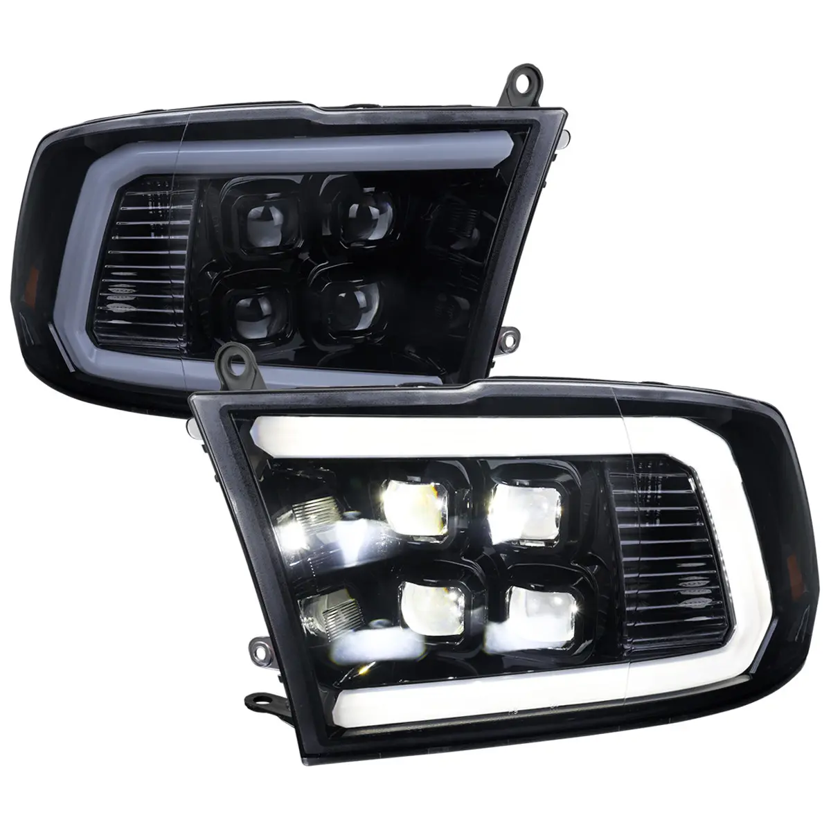 2009-2018 RAM 1500 / 2019 RAM Classic / 2010-2018 RAM 2500 3500 LED Bar Sequential Turn Signal Projector Headlights (Glossy Black Housing / Smoked Lens)