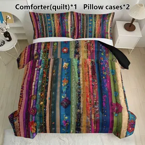 Vintage Floral Striped Quilt Set, 3-Piece (1 Quilt + 2 Pillowcases), Soft Breathable Polyester Fiber, All-Season Bedding, Home & Dorm Use