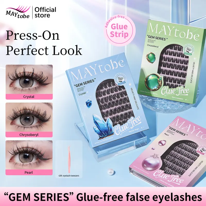 MAYtobe Self-Adhesive Lash Cluster Kit - No Glue Needed Press-On Eyelash Extensions, Beginner-Friendly C-Curl Cosmetic Doll Eye Effect On-The-Go Set with Tweezers, 110-120 Pcs 14-16mm for Daily Makeup (Eyelash Enhancing False Lashes & Adhesives)
