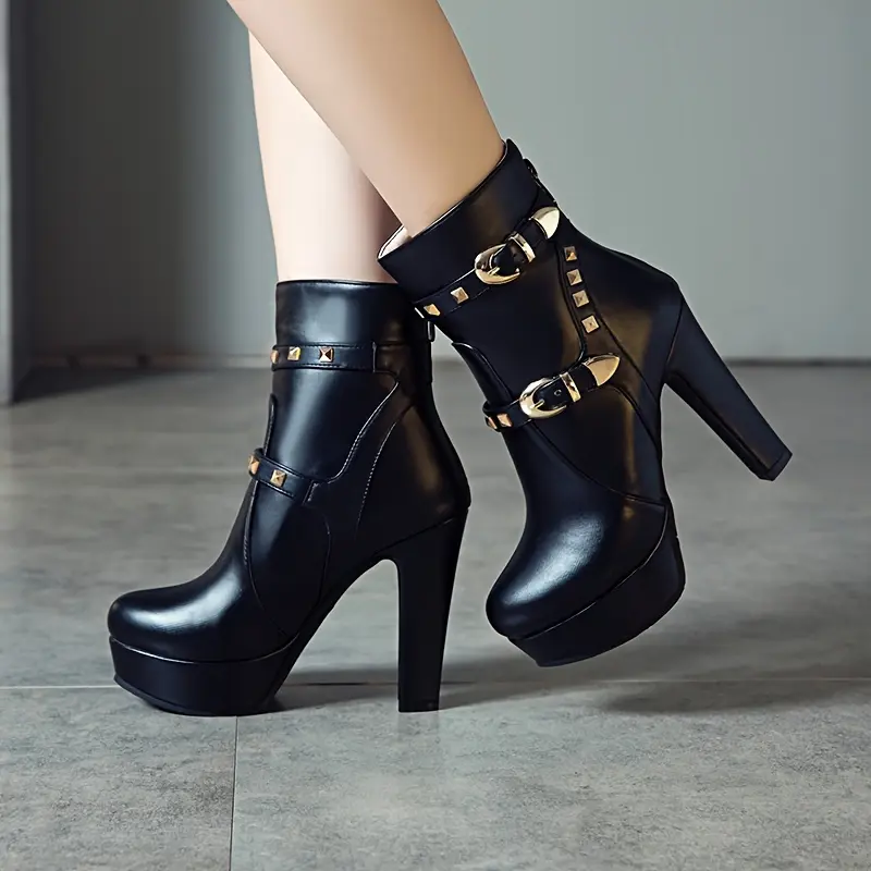 [Winter Ankle Boots] Comfortable High Block Heel Women's Black Faux Cover Ankle Boots |  & Metal Buckle Details, Platform Booties for Winter Style