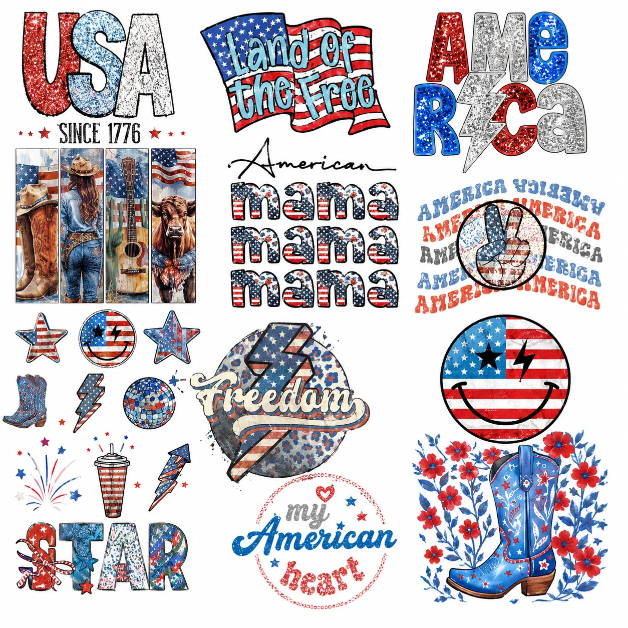 America 2 Gangsheet  | USA Patriotic DTF Heat Transfer | America Land of the Free Ready to Press Transfer | Fourth of July Shirt Transfer | Independence Day DTF Print | Western Cowgirl American Flag Transfer