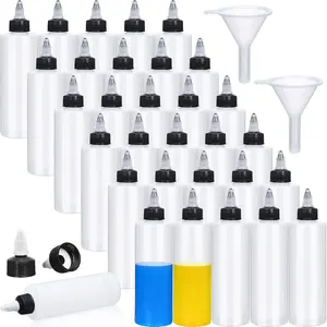 30 count 8.5 oz Boston Plastic Squeeze Bottles for Sauce, Empty Condiment Dispenser with Twist Cap and 2 Funnel Ideal for Ketchup, Dressings, BBQ, Crafts(8.5 oz,White and Black)