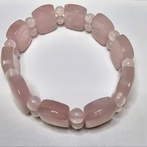 Natural Rose Quartz Bangle Stretch Crystal Beaded Bracelet 7"