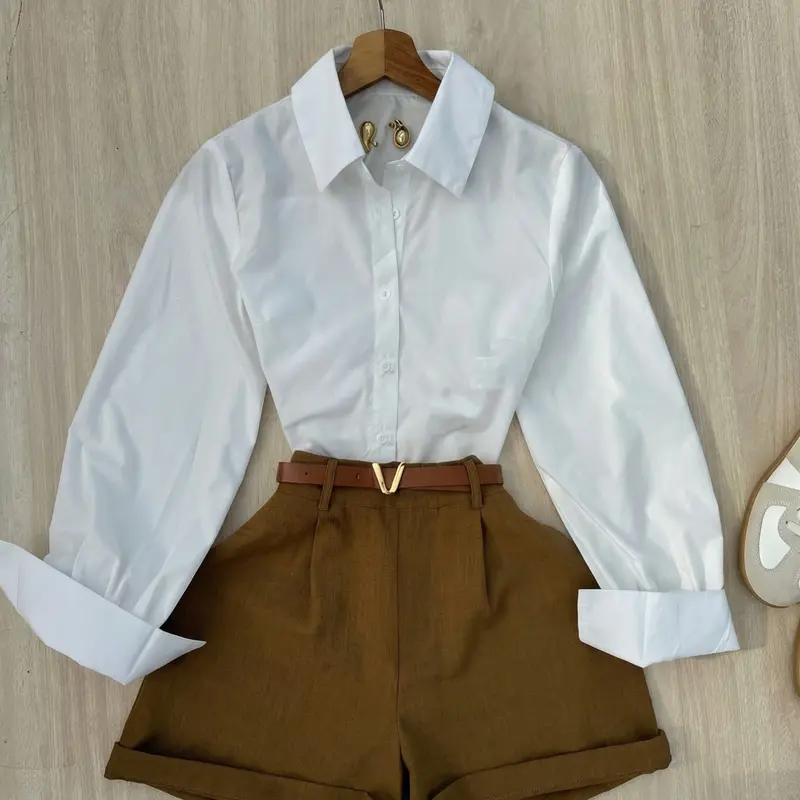 Women's Basic Casual Elegant Fashion Two-Piece Long Sleeve Shirt and Shorts Matching Set for Office and Commuting Wear, Summer Outfit, Womenswear, Clothes