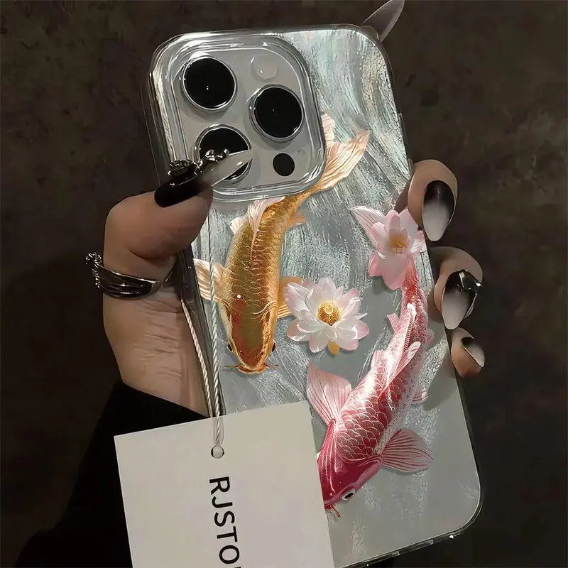 Koi Fish & Lotus Pattern Phone Case, Clear Phone Cases for iPhone17 16 15 14 13 12 11 Pro Max, Phone Accessories, Cover, Phone Case 16 Plus.QXY230.designer,case Protection Protective