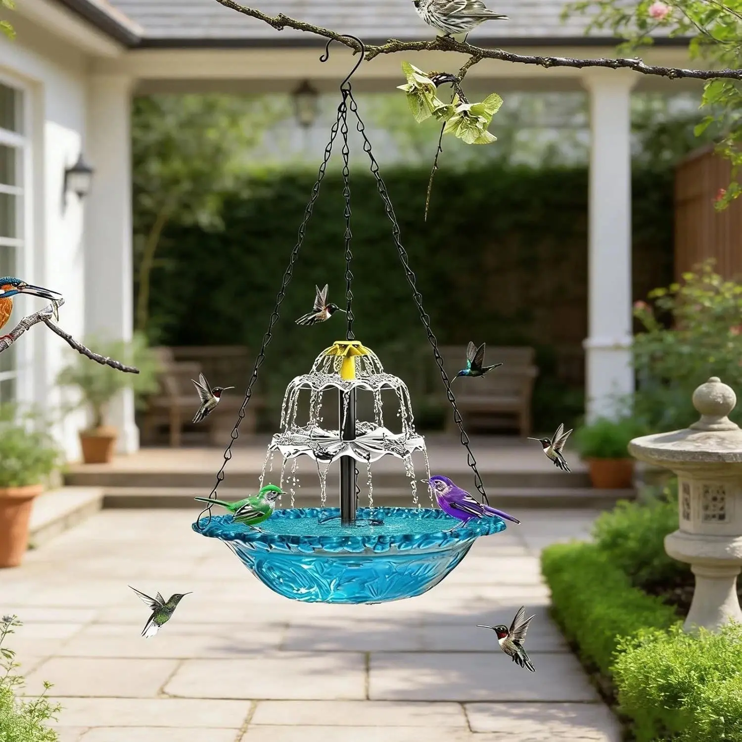 2026 New Solar-Powered Hanging Bird Bath Fountain with Glass Bowl and Solar Power Supply Automatic