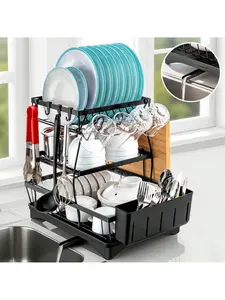 3-Tier Dish Drying Rack for Kitchen Counter - Stainless Steel Over Sink Drainer, Space-Saving Detachable Large Countertop Organizer with Utensil Holder, Cutting Board Rack, Rustproof & Durable, 360° Swivel, Auto-Draining, Kitchen Accessories