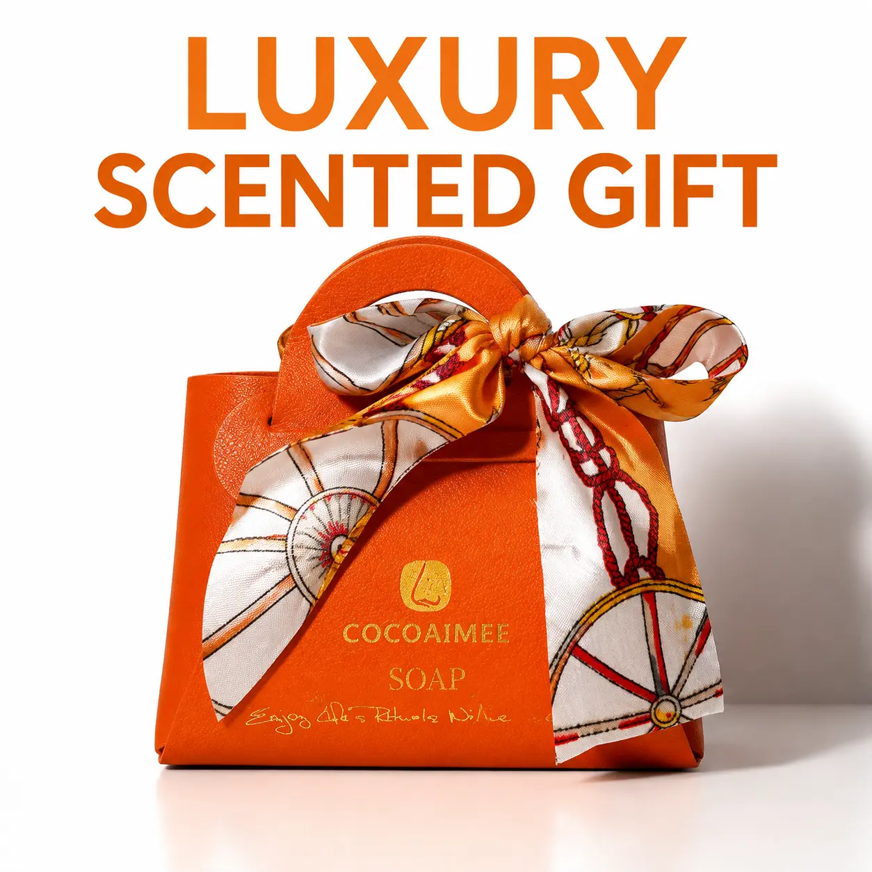 Luxury Scented Handbag Soap Gift Set with Scarf Decor - 200g Artisanal Exfoliating Body Care Bar Soap with Shea Butter, Goat Milk, Moisture - Aesthetic Sachet Scents for Home, Closet - Orange for Glowing Skin, Fragrance, Home Spa