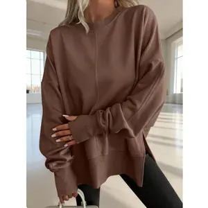 Women's 2025 Fall Y2K Oversized Sweatshirt - Thumbhole Long Sleeve Hoodie with Side Slit Pullover Top for Teens