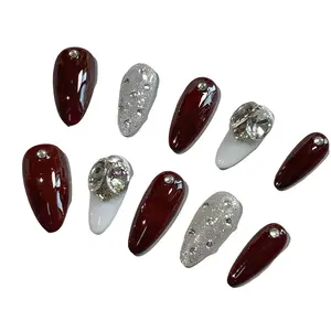 Handmade Press on Nails Set, Long Almond Shape Glossy Finish, Burgundy & Silver Glitter Polish, Rhinestone Accents, All Seasons Nail Supplies