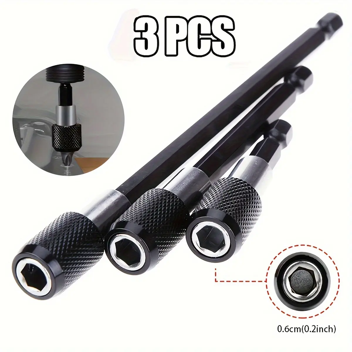 3-Piece Hex Shank Drill Bit Extension Set, 1/4" Quick Release, Self-Locking, 60Mm-100Mm-150Mm Lengths - Metal Electric Tool Accessories