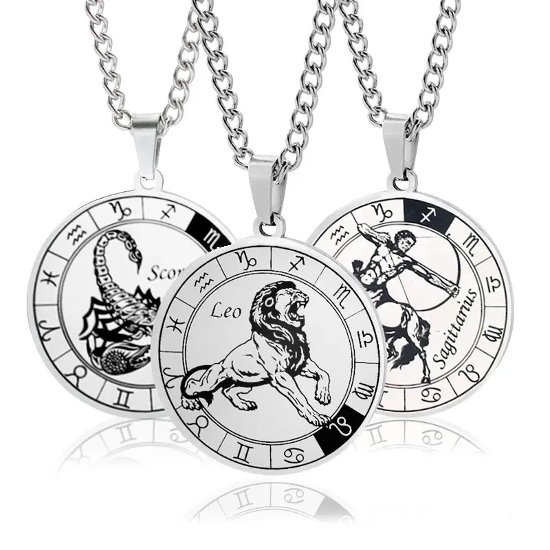 12 Constellation Astrology Pendant Necklace - Men's Domineering Leo Turntable Design - Titanium Steel Couple Jewelry Accessory
