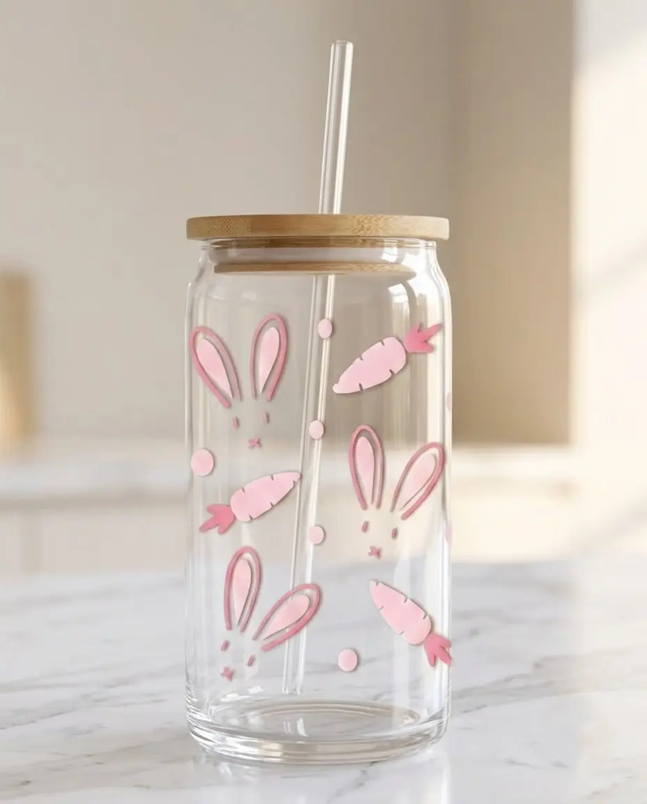Blush Bunny Glass unique Tumbler 16oz Drinkware - Cute Rabbit & Carrot Iced Coffee Cup with Bamboo Lid & Straw, Perfect Gift for Animal & Coffee Lovers, Gift for Her I  Lightweight Portable Reusable Bottle