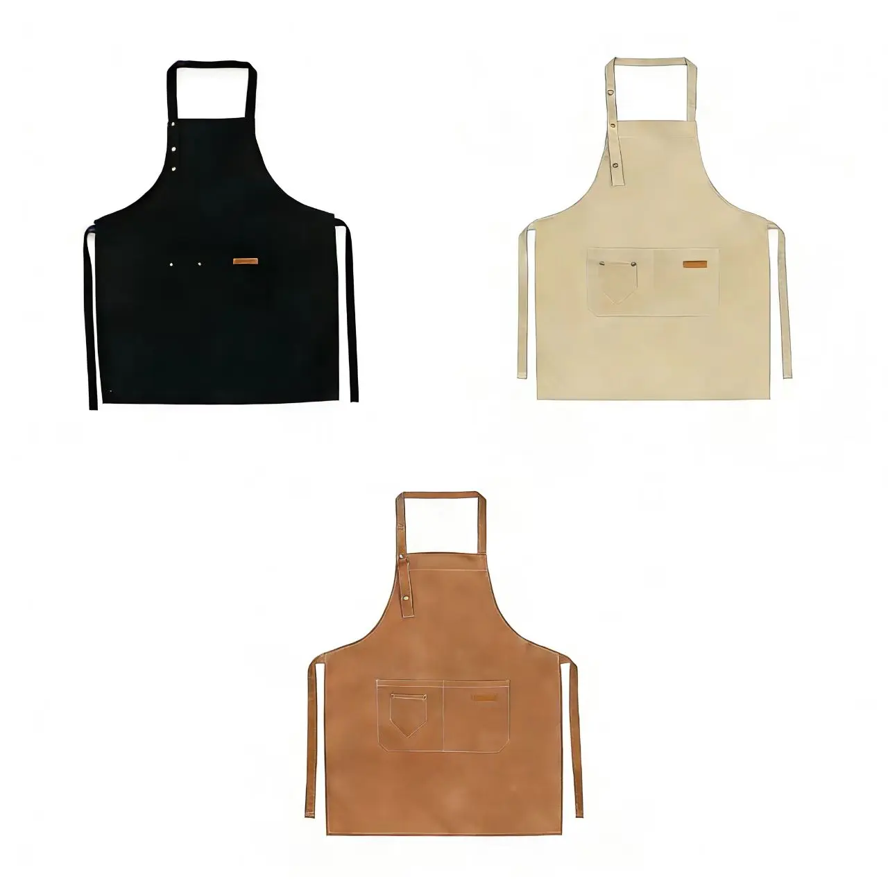 Classic Solid Polyester Bib Neck Apron with Pockets - Waterproof, Adjustable Daily Work Uniform for Home Cooking & Restaurant Use (Brown, Khaki, Black Optional)