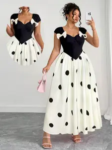 Plus Size Women's and Polka Dot Dress, Square Neck Bow Tie Waist Cinch Long Gown, Elegant Party Wear
