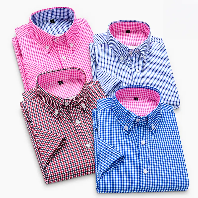 Men's Classic 4-PCS Checkered Button-Down Shirts - Polyester Fabric Menswear Garment, Blue/Pink/Red Colors for Casual Wear