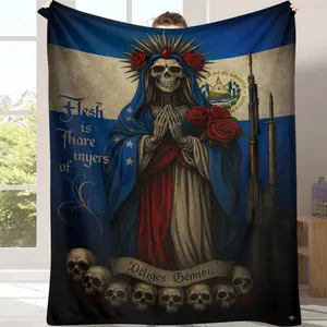 El Salvador Santa Muerte Flannel Blanket, Grim Reaper & Roses Gothic Art Print Pattern, Suitable for Living Room, or Unique Spiritual Gift,Print Blanket